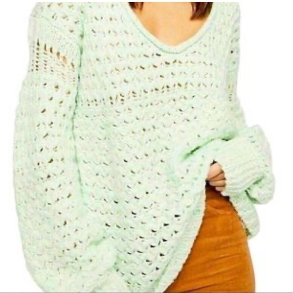 Free People Size M Crashing Waves Oversized Mint Green Open Weave Sweater - Picture 2 of 8